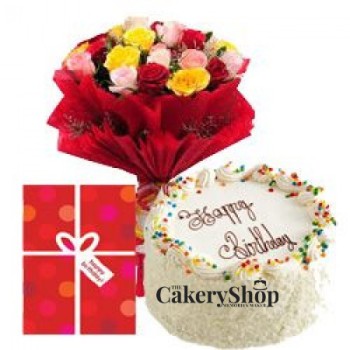 Adorable Combo of Cake, Flowers & Greeting Card